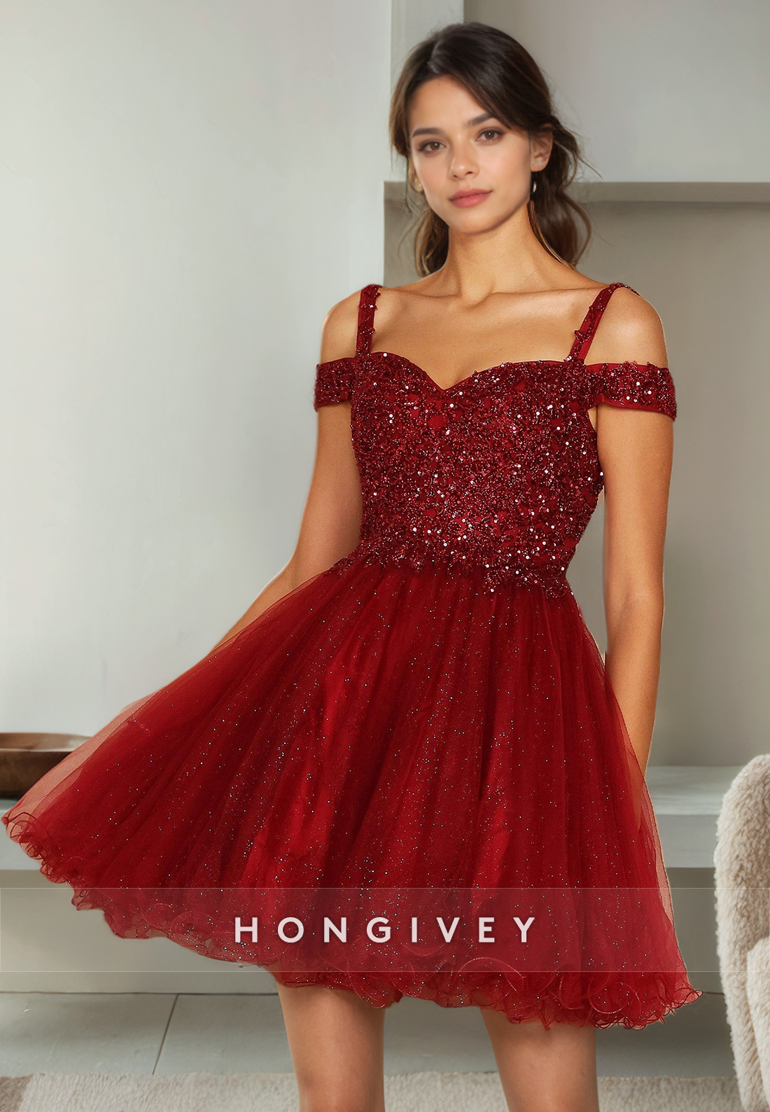 Chic Tulle Aline Offshoulder Beaded Appliques Short Homecoming Dress