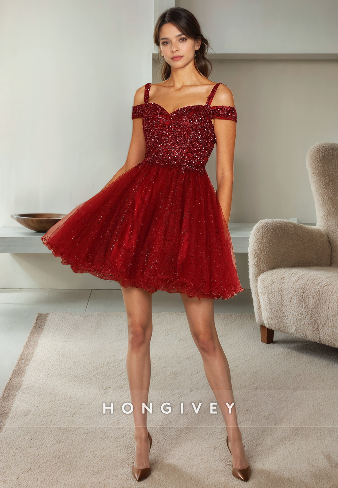 Chic Tulle Aline Offshoulder Beaded Appliques Short Homecoming Dress