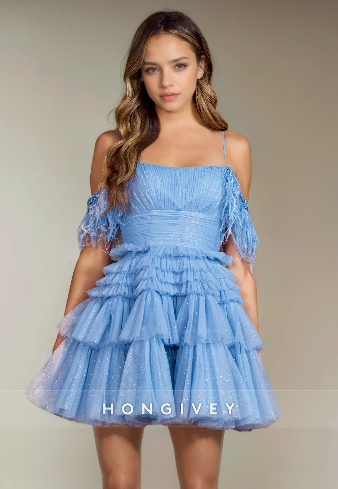 Glitter Tulle Aline Square Offshoulder Tiered Short Homecoming Dress