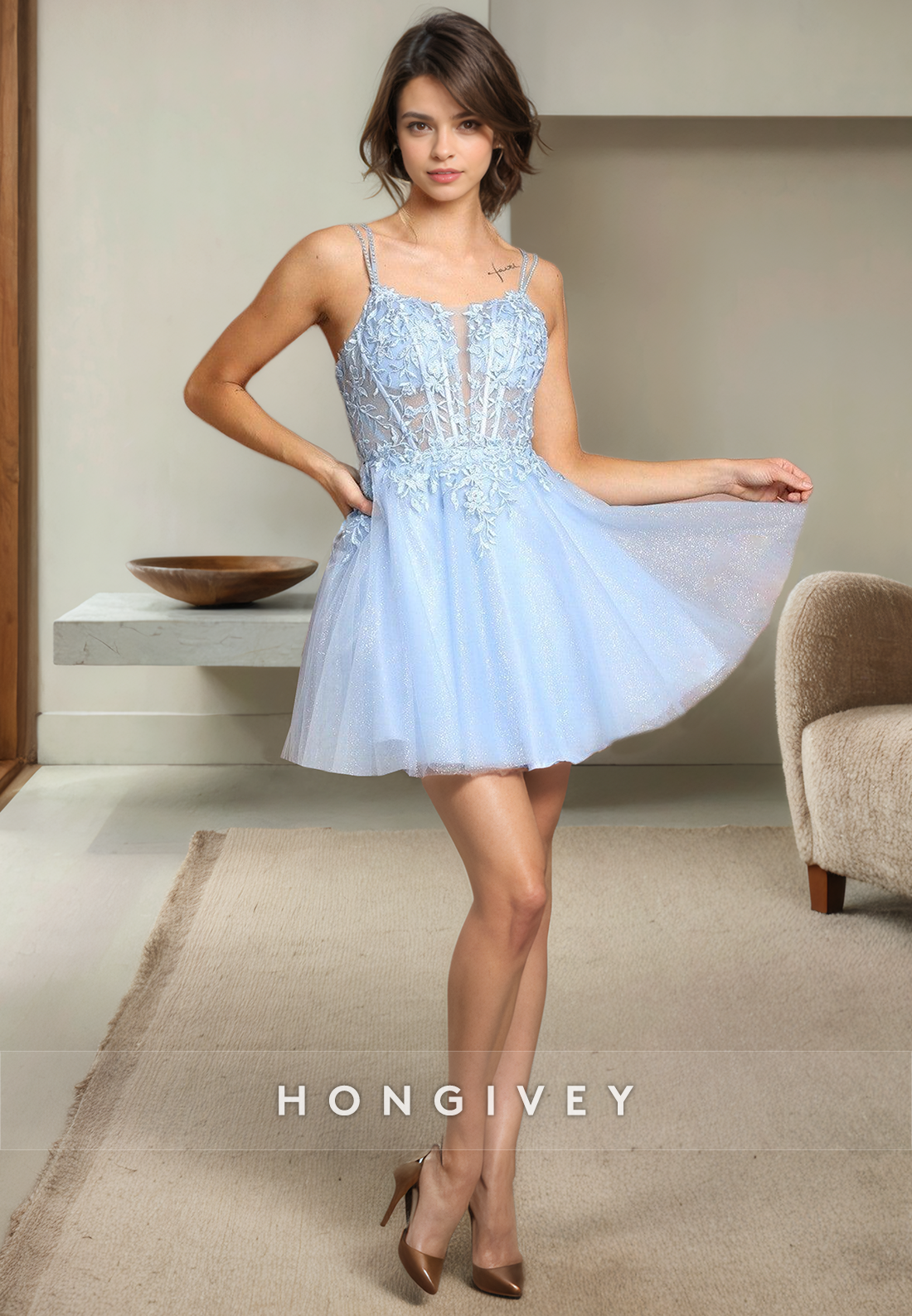 Aline Spaghetti Straps Sweetheart Lace Applique Illusion Empire Short Homecoming Dress