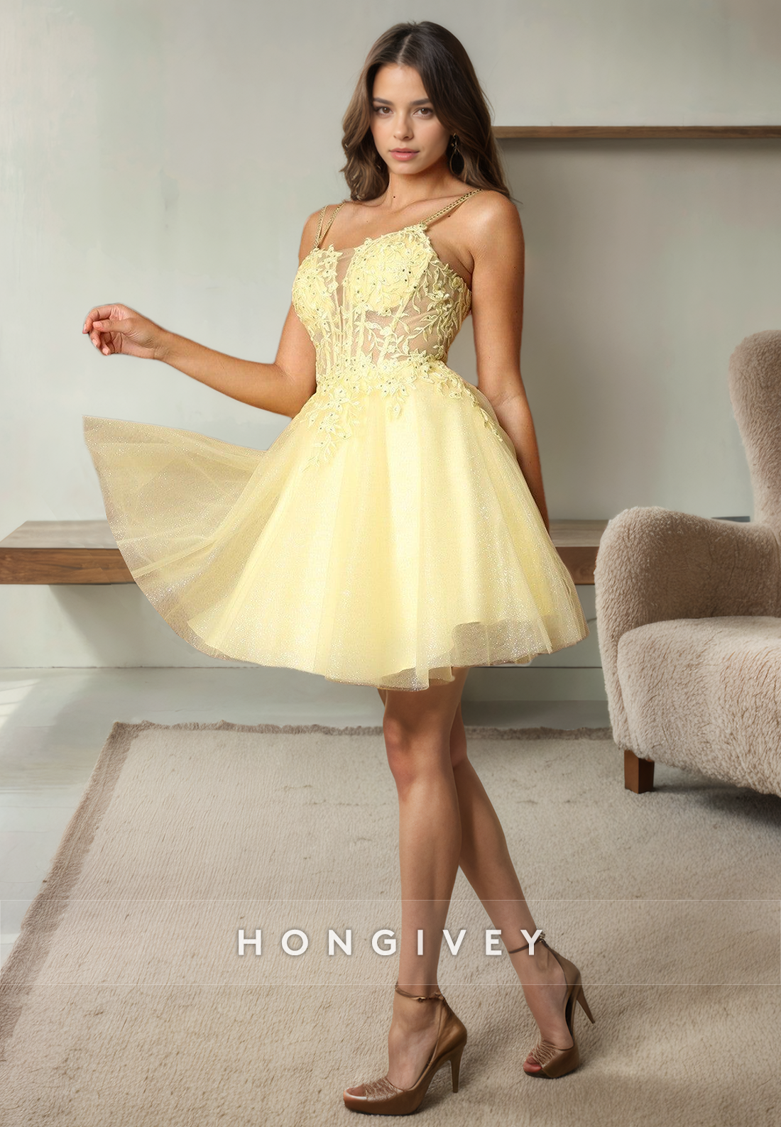 Aline Spaghetti Straps Sweetheart Lace Applique Illusion Empire Short Homecoming Dress