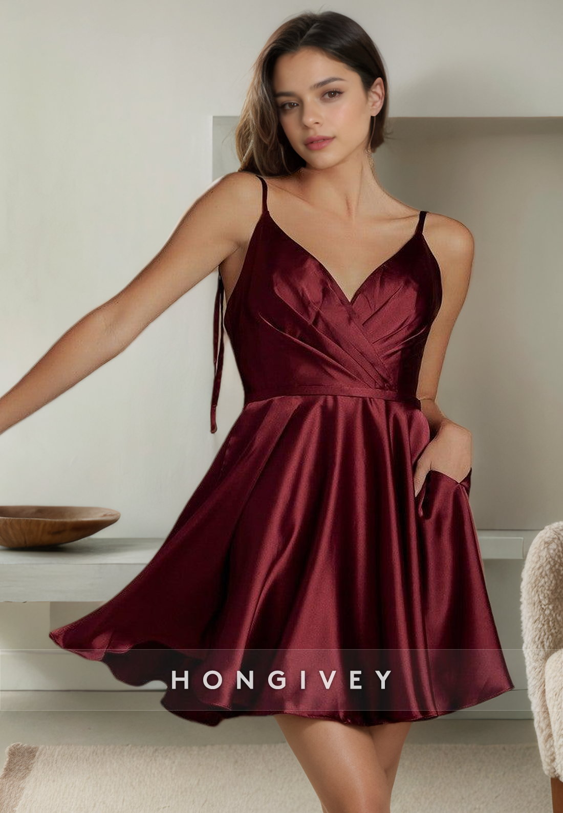 Satin Aline Vneck Spaghetti Straps With Pockets Short Homecoming Dress