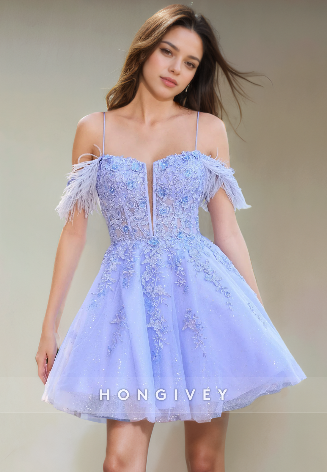 Tulle Aline Feathers Appliques Short Party Homecoming Dress