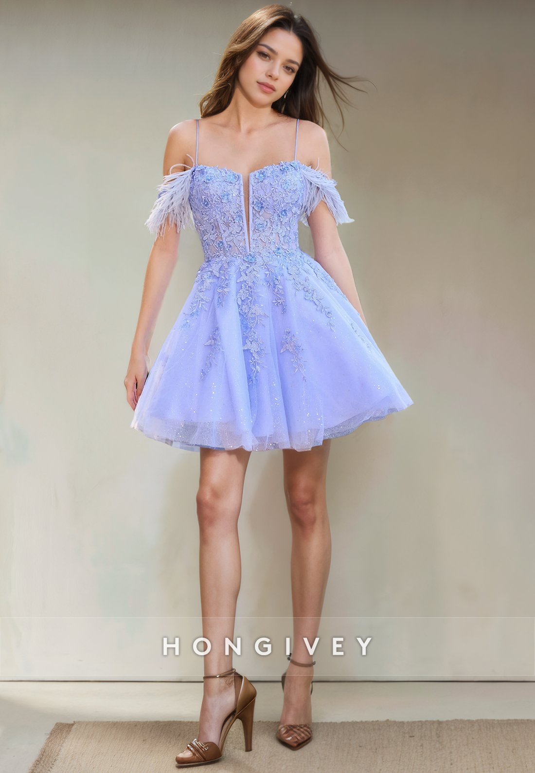 Tulle Aline Feathers Appliques Short Party Homecoming Dress