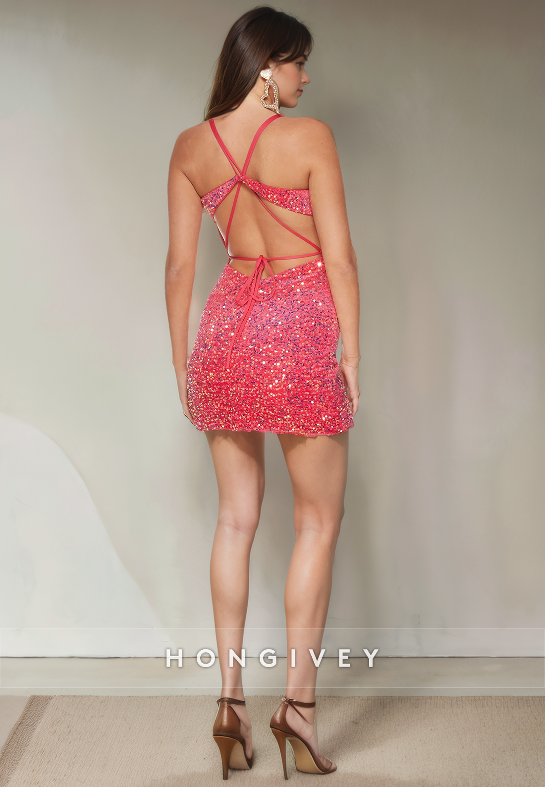 Glitter Fitted Vneck Spaghetti Straps Fully Sequined Short Party Homecoming Dress