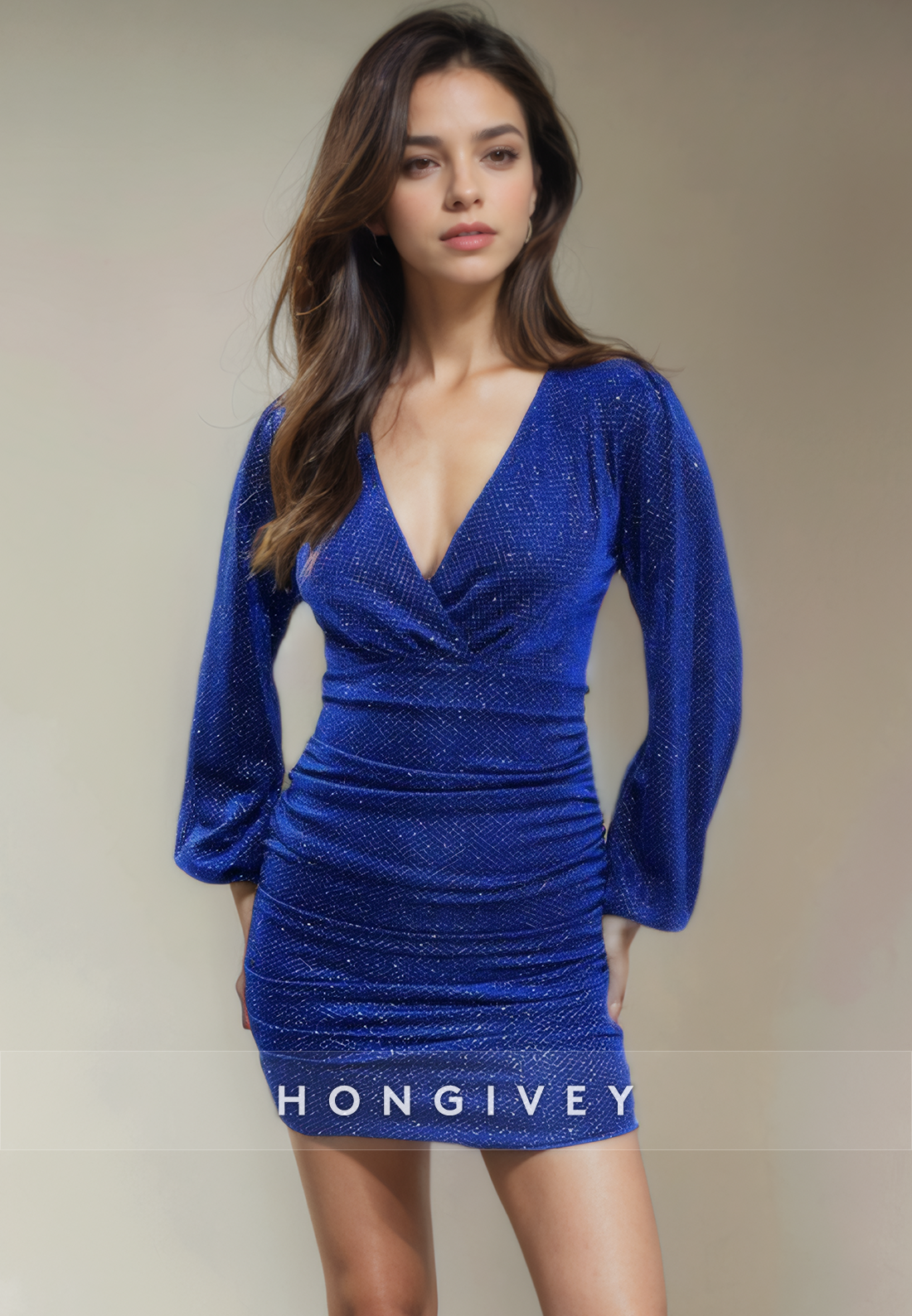 Fitted Long Sleeve Vneck Short Party Homecoming Dress