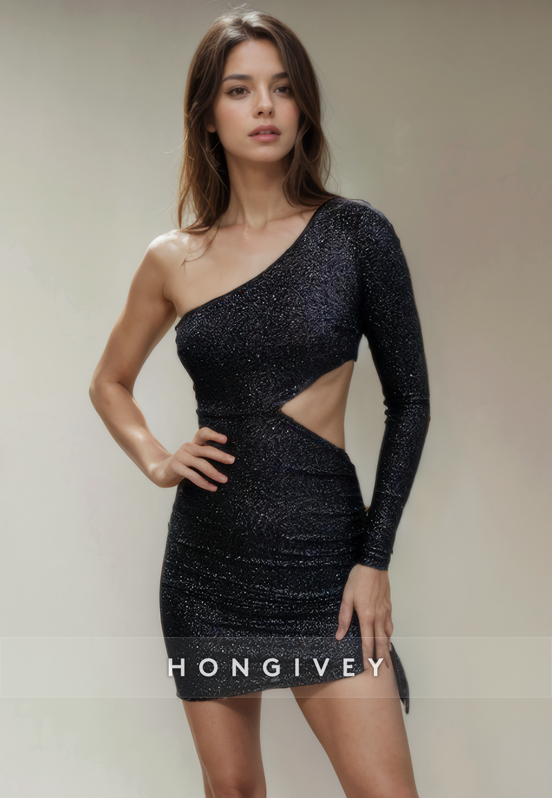 One Shoulder Long Sleeve Illusion Empire Glitter Short Party Homecoming Dress