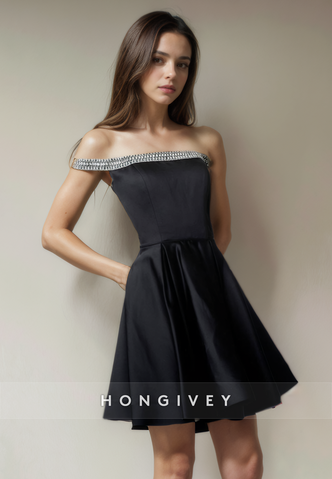 Satin Aline Beaded Offshoulder Short Party Homecoming Dress