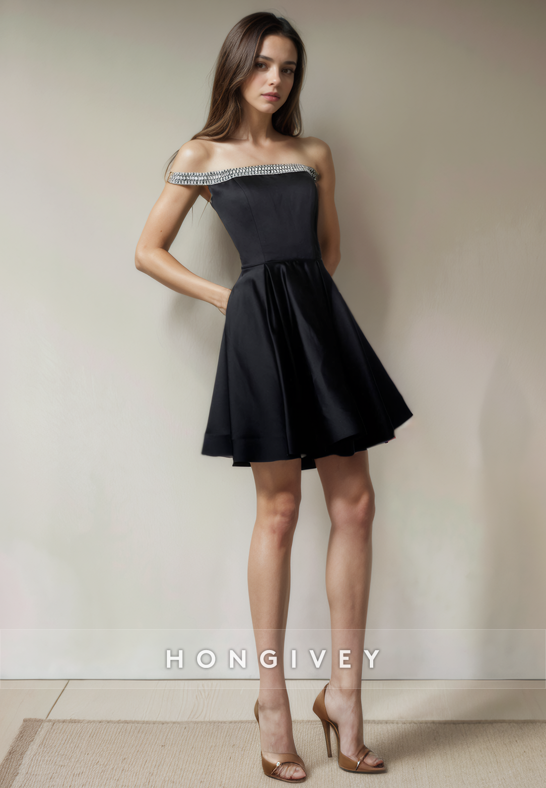 Satin Aline Beaded Offshoulder Short Party Homecoming Dress