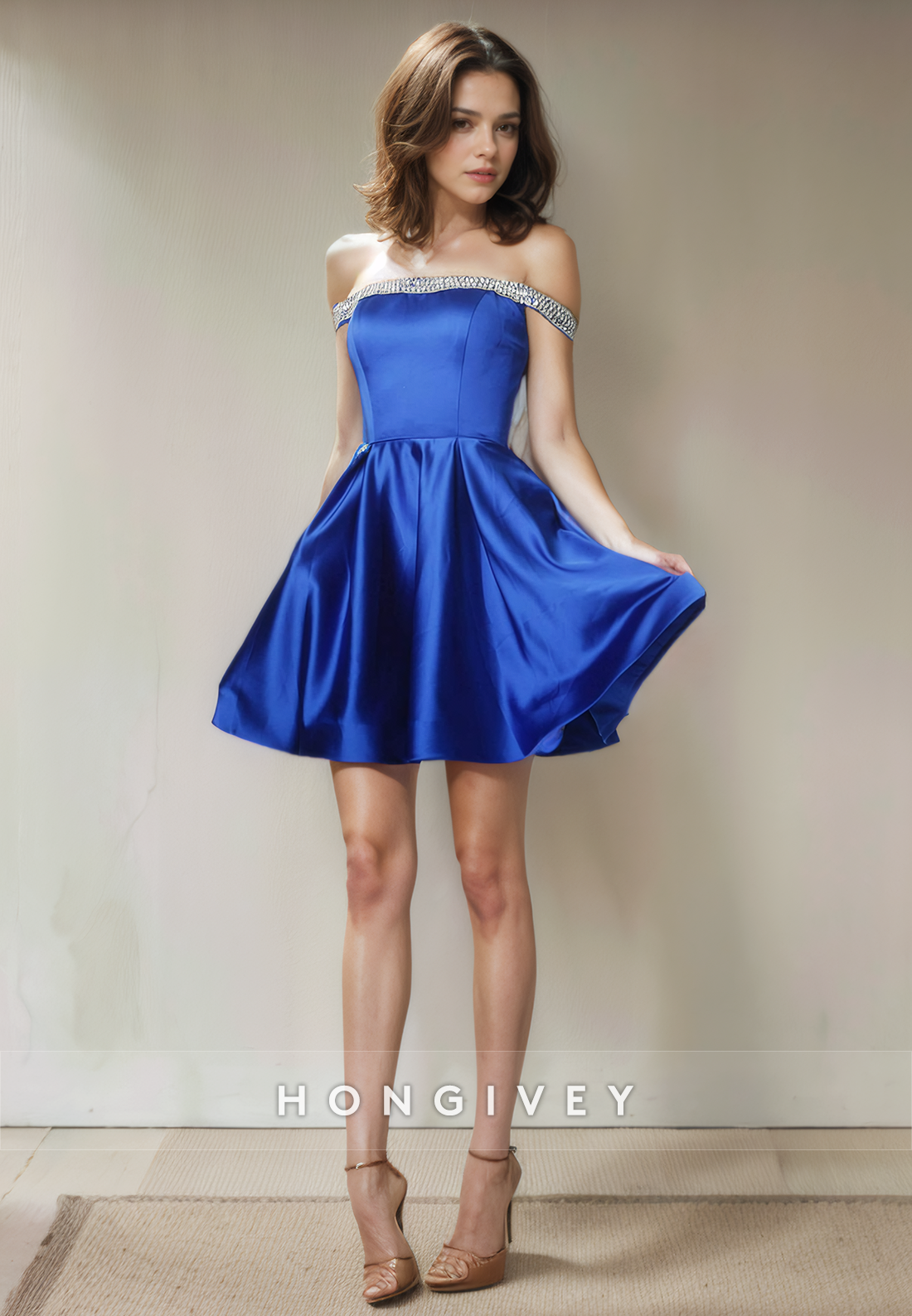 Satin Aline Beaded Offshoulder Short Party Homecoming Dress