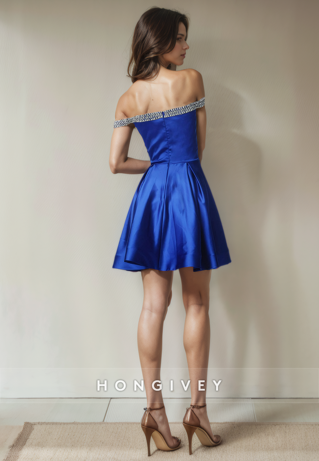 Satin Aline Beaded Offshoulder Short Party Homecoming Dress