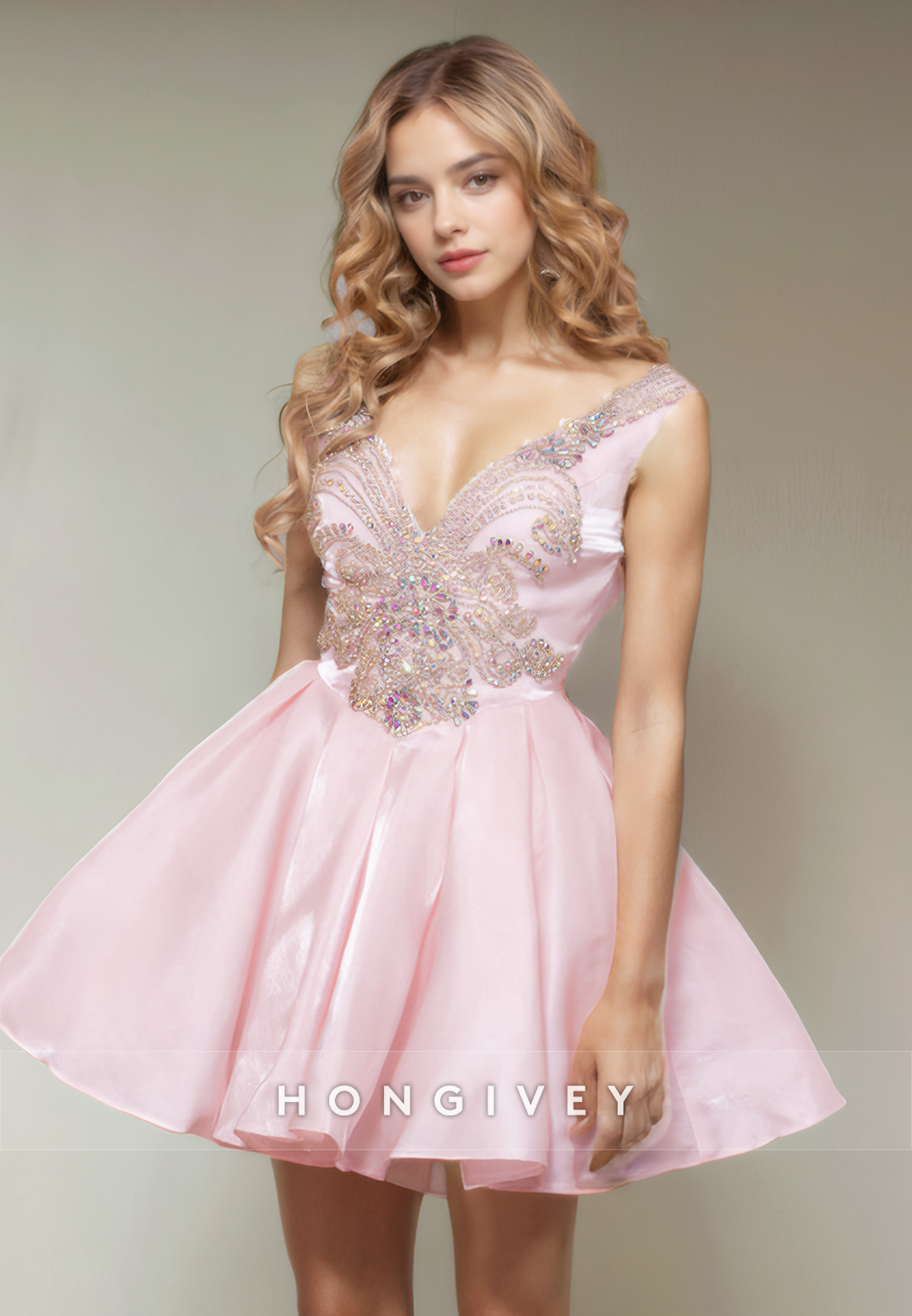 Chic Satin Aline Vneck Appliques Short Party Homecoming Dress