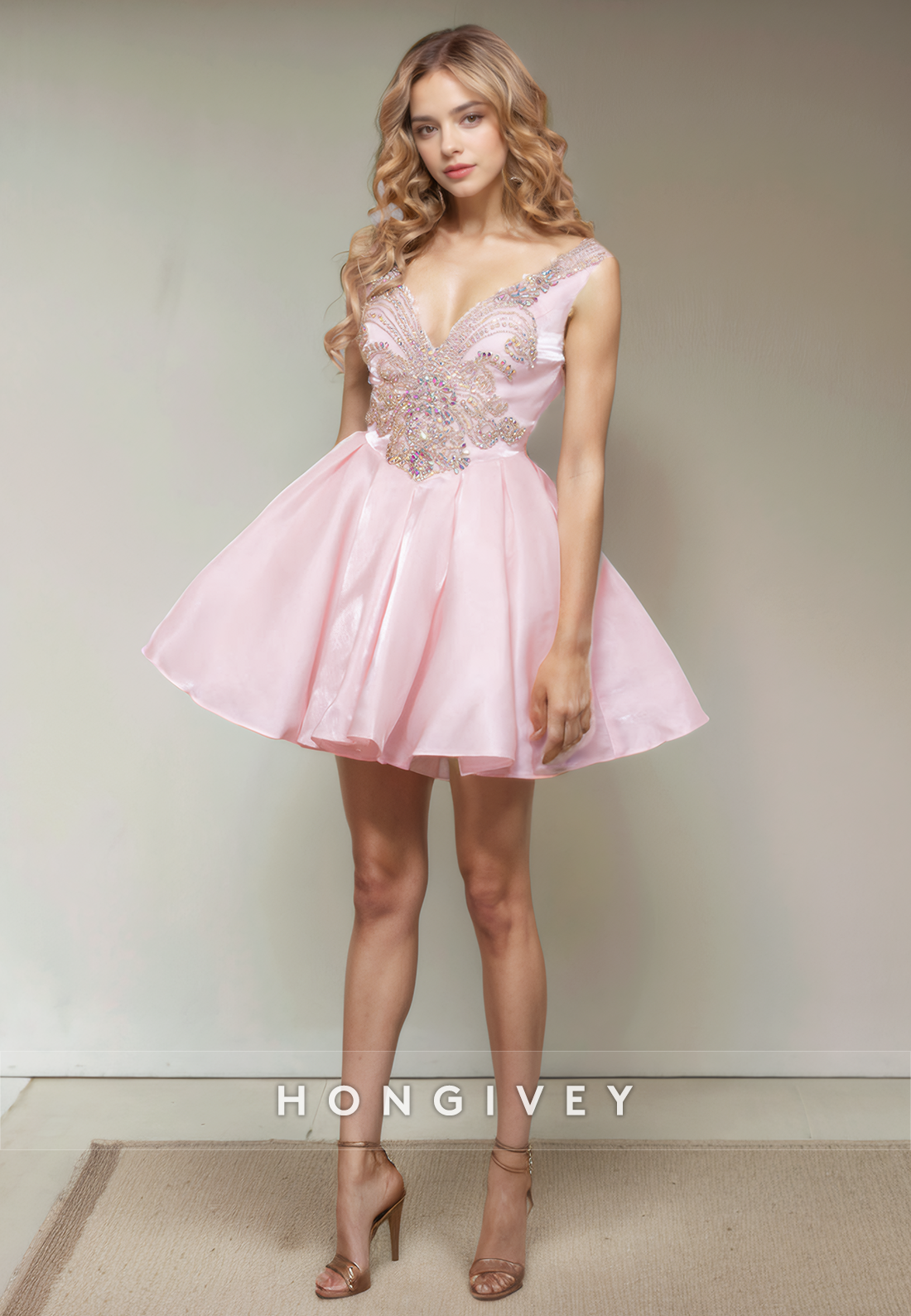 Chic Satin Aline Vneck Appliques Short Party Homecoming Dress