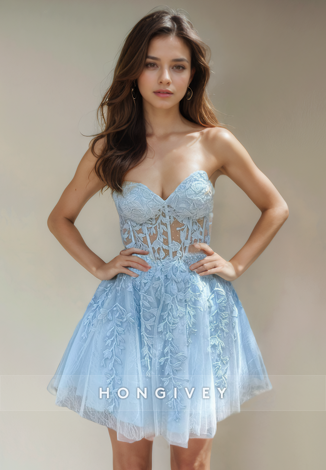 Sheer Tulle Aline Sweetheart Lace Applique Short Party Homecoming Dress