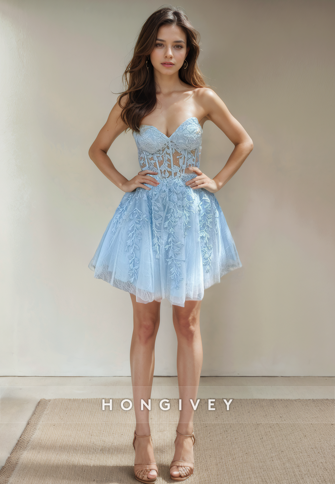 Sheer Tulle Aline Sweetheart Lace Applique Short Party Homecoming Dress