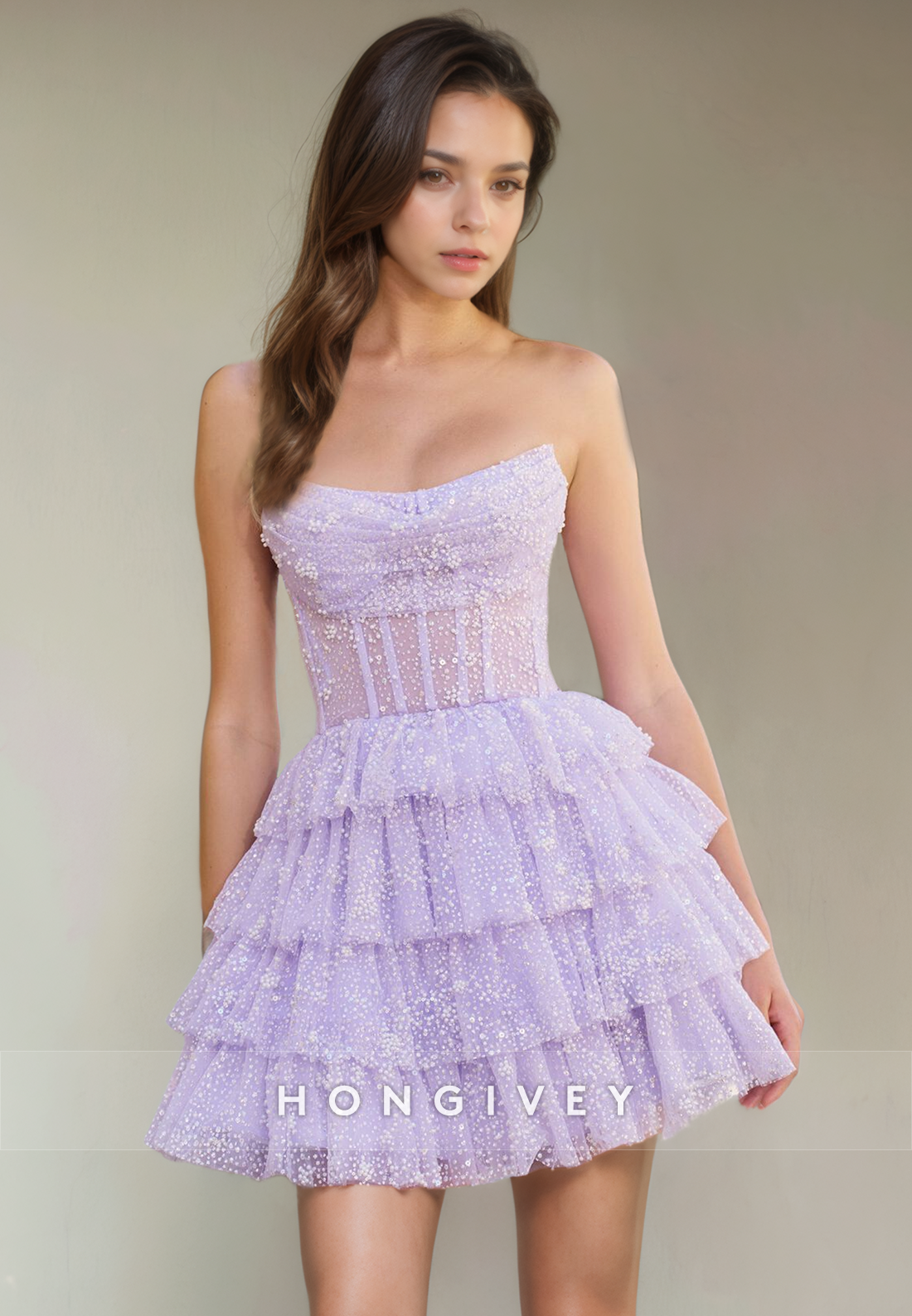 Tulle Aline Bateau Strapless Tiered Short Party Homecoming Dress