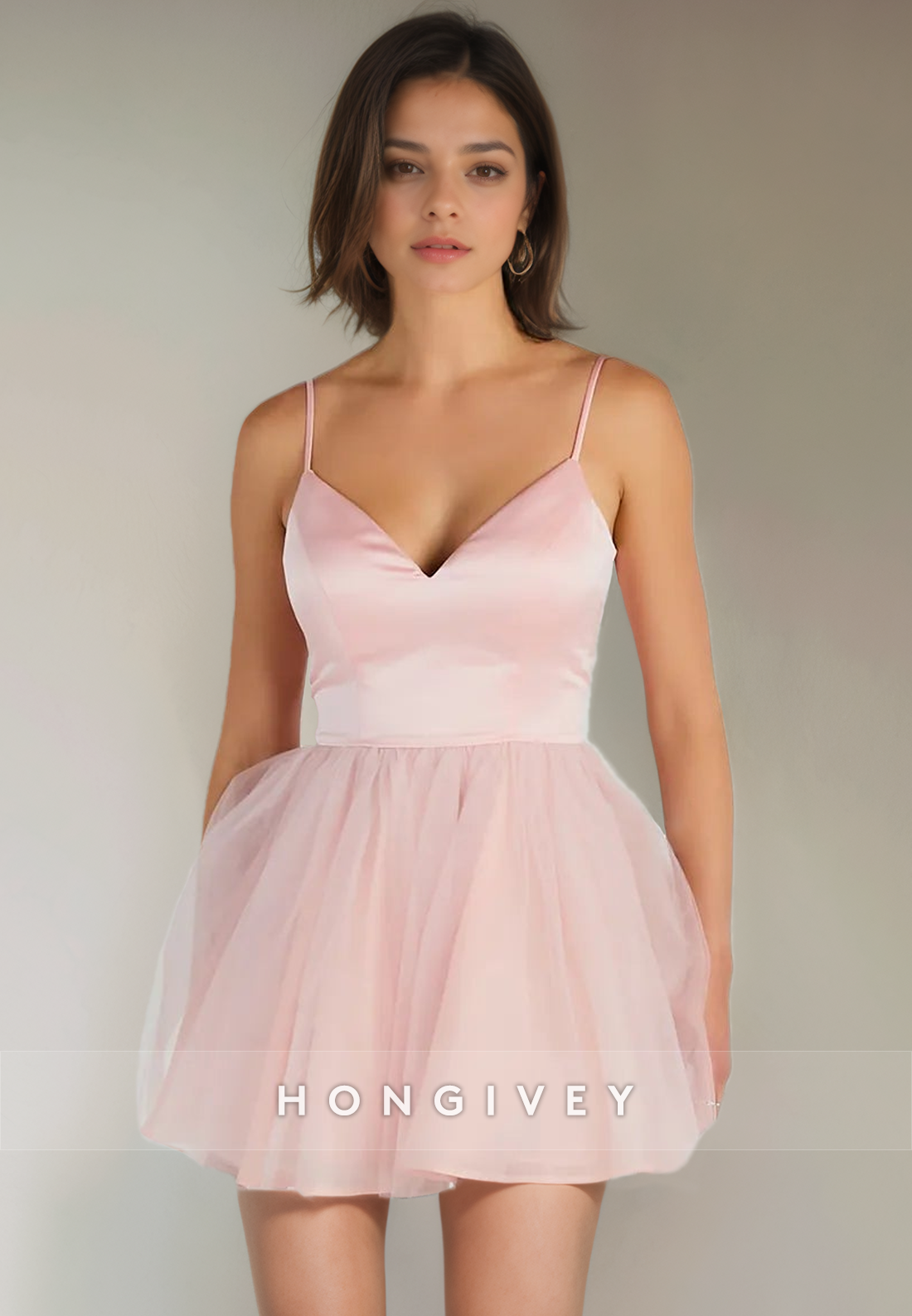 Vneck Spaghetti Straps Tulle Aline Short Party Homecoming Dress