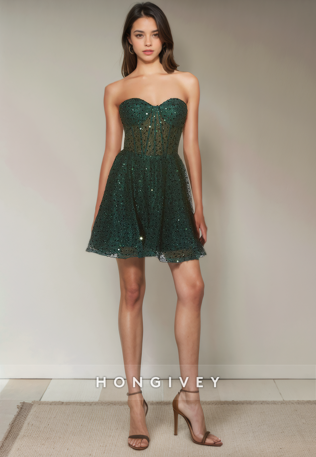 Aline Sweetheart Strapless Sheer Sequined Short Party Homecoming Dress