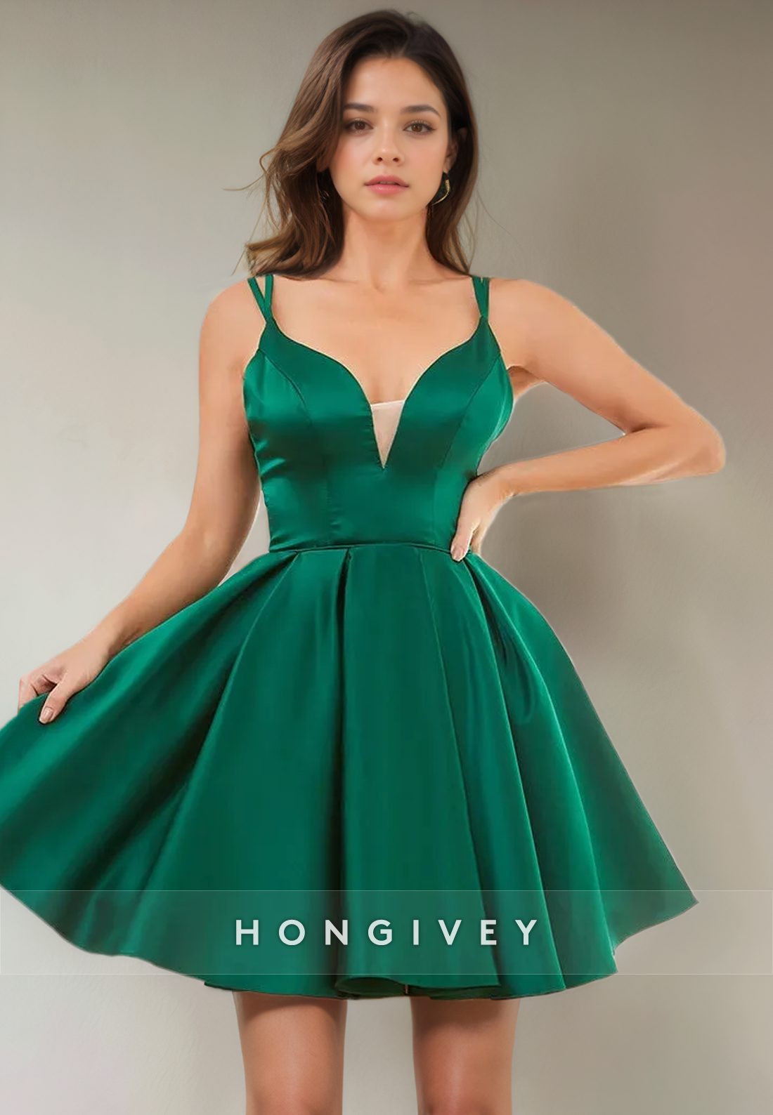 Satin Aline Vneck Spaghetti Straps Bowknot Short Party Homecoming Dress