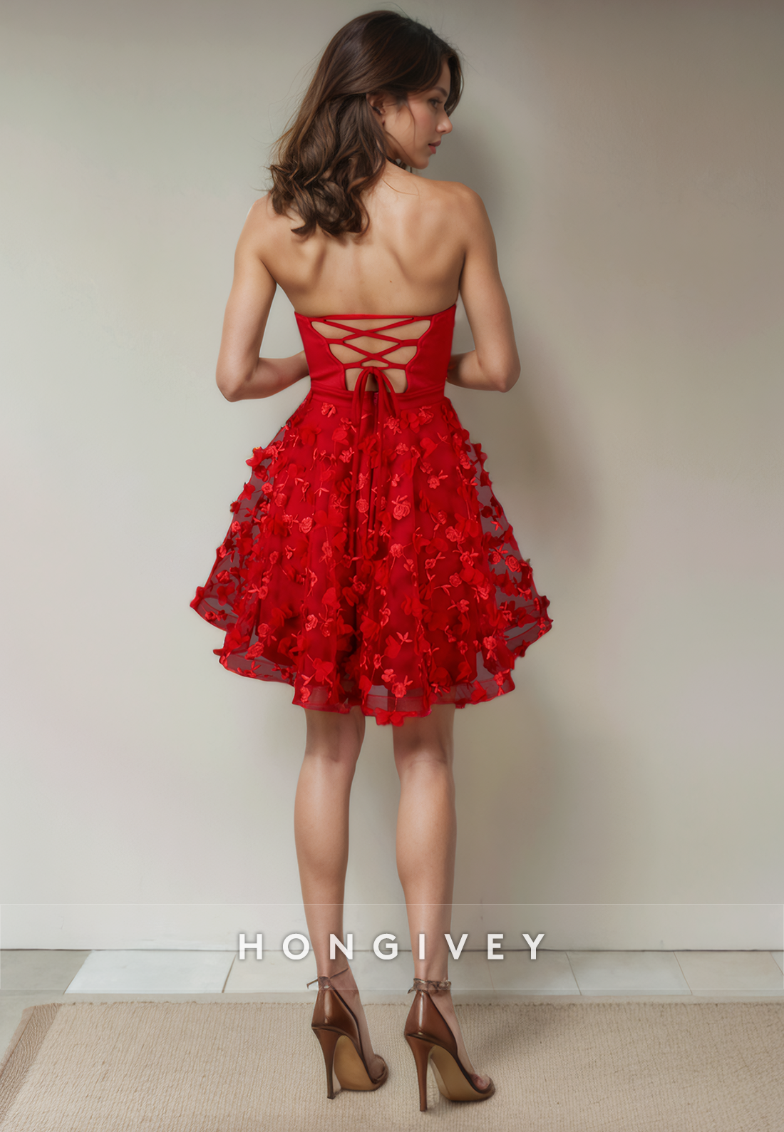 Aline Sweetheart Strapless Floral Appliqued Short Party Homecoming Dress