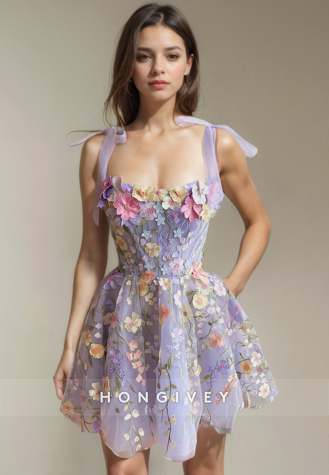 Aline Bateau Spaghetti Straps Floral Appliqued Short Party Homecoming Dress