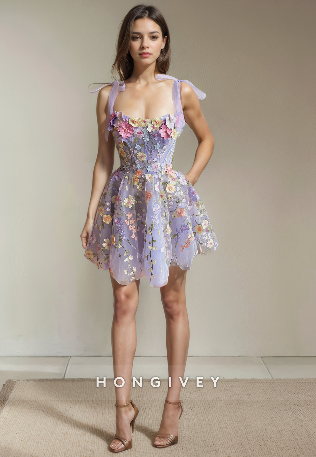 Aline Bateau Spaghetti Straps Floral Appliqued Short Party Homecoming Dress