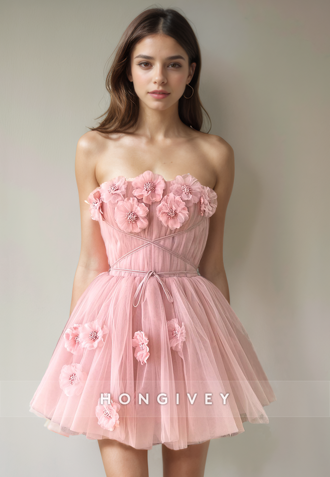 Sweet Tulle Aline Strapless Floral Embossed Short Party Homecoming Dress