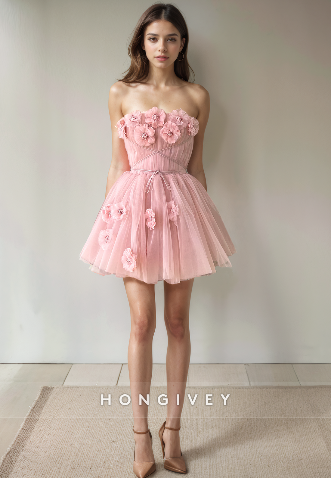 Sweet Tulle Aline Strapless Floral Embossed Short Party Homecoming Dress