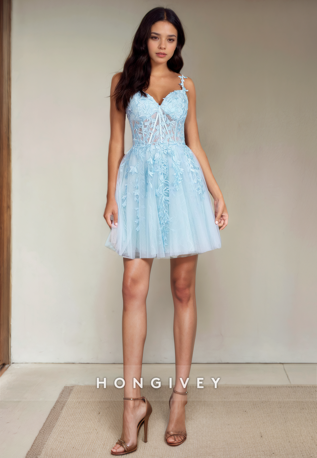 Sweetheart Spaghetti Straps Lace Applique Tulle Short Party Homecoming Dress