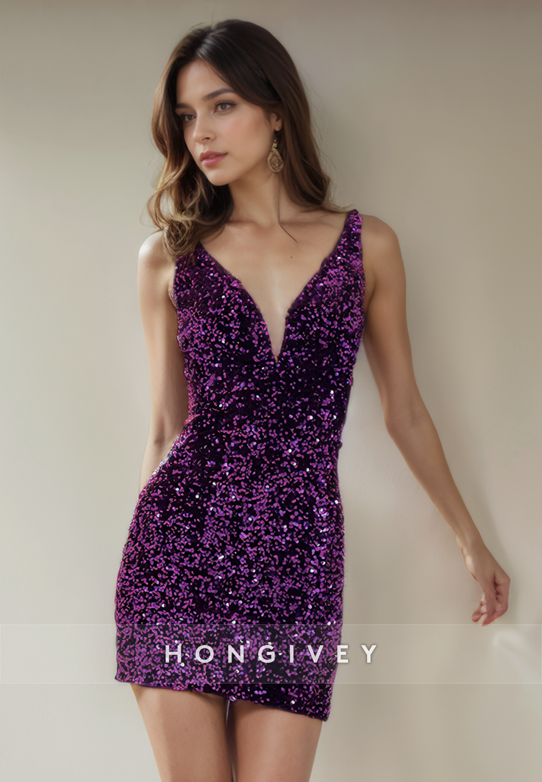 Glitter Fitted Vneck Sleeveless Fully Sequined Short Party Homecoming Dress