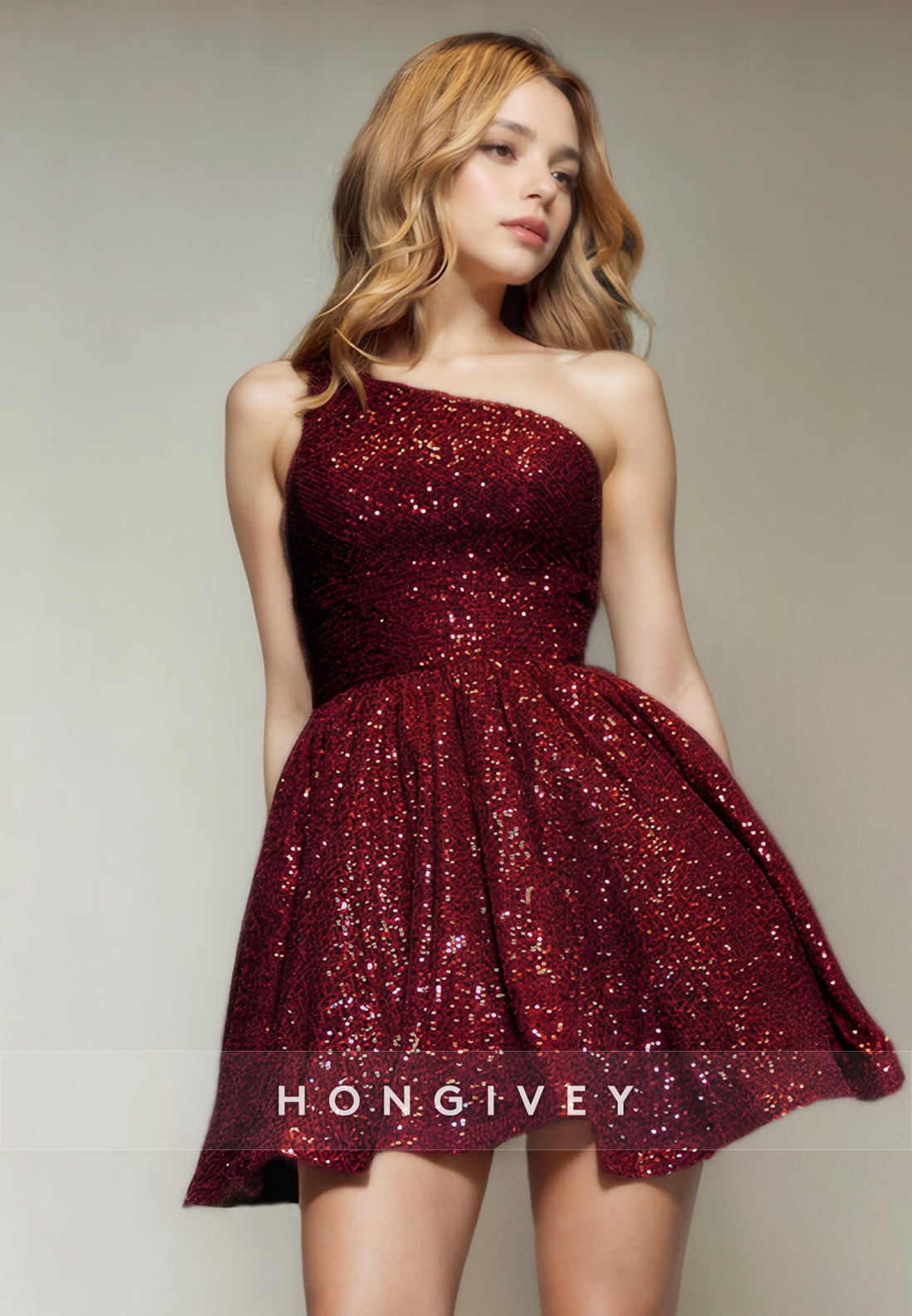 Aline One Shoulder Sleeveless Sequined Short Party Homecoming Dress