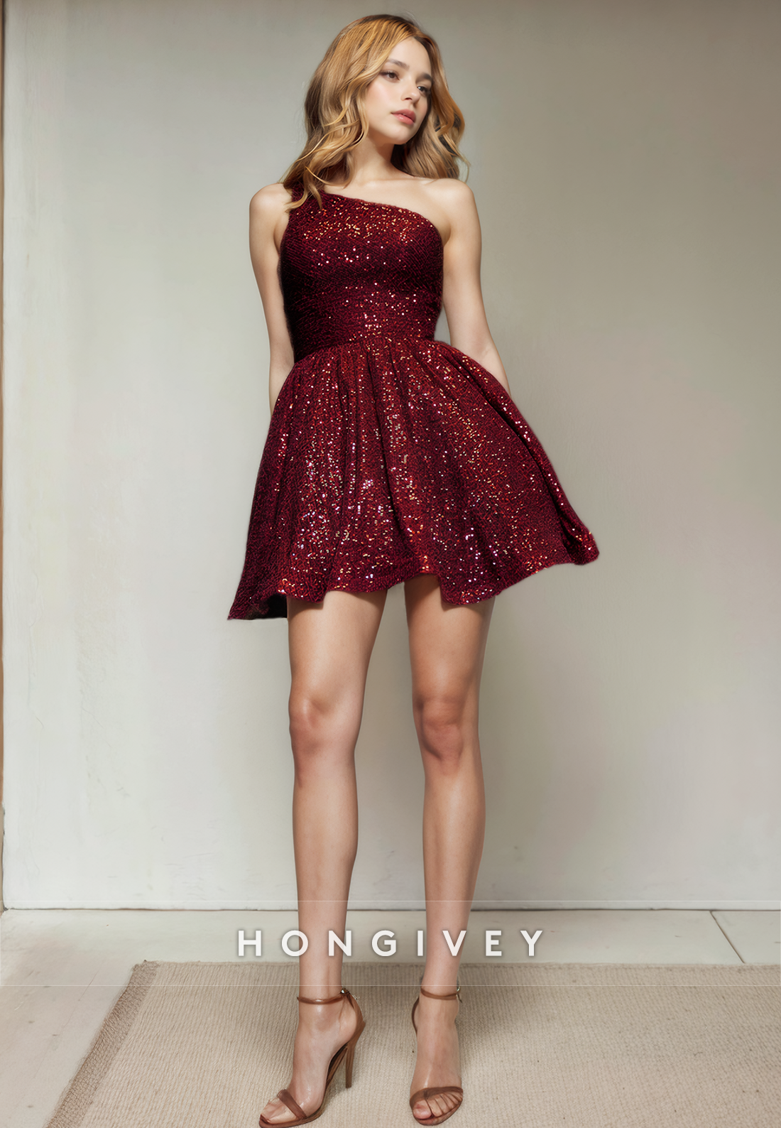 Aline One Shoulder Sleeveless Sequined Short Party Homecoming Dress