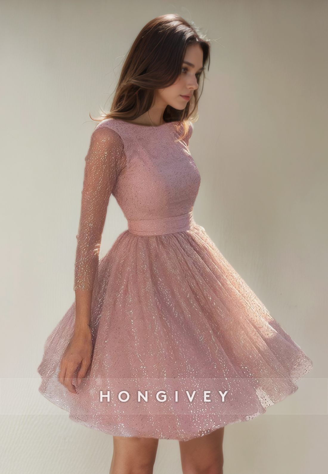 Aline Round / Sleeves Tulle Short Party Homecoming Dress