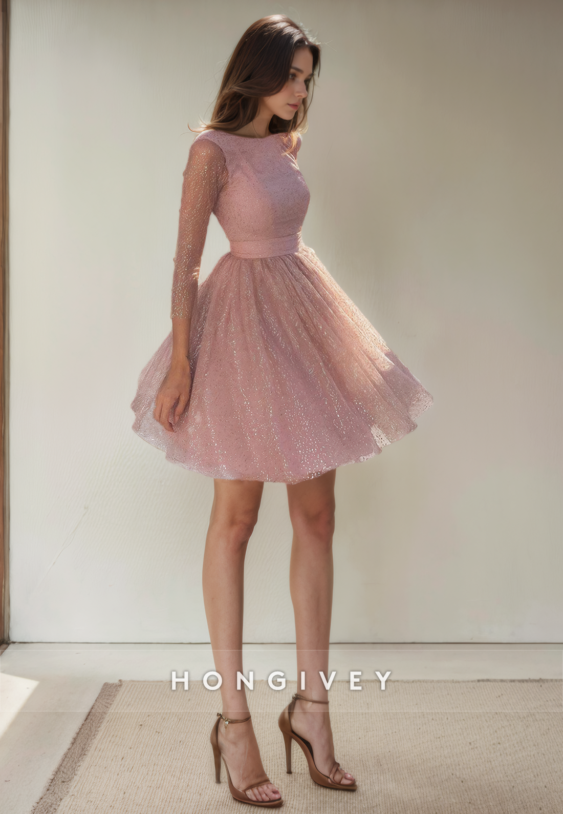 Aline Round / Sleeves Tulle Short Party Homecoming Dress