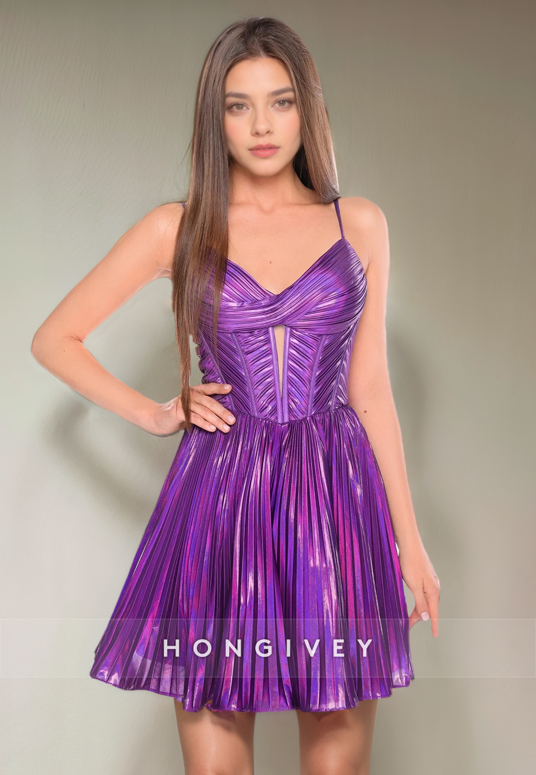 Satin Aline Vneck Spaghetti Straps Ruched Short Party Homecoming Dress