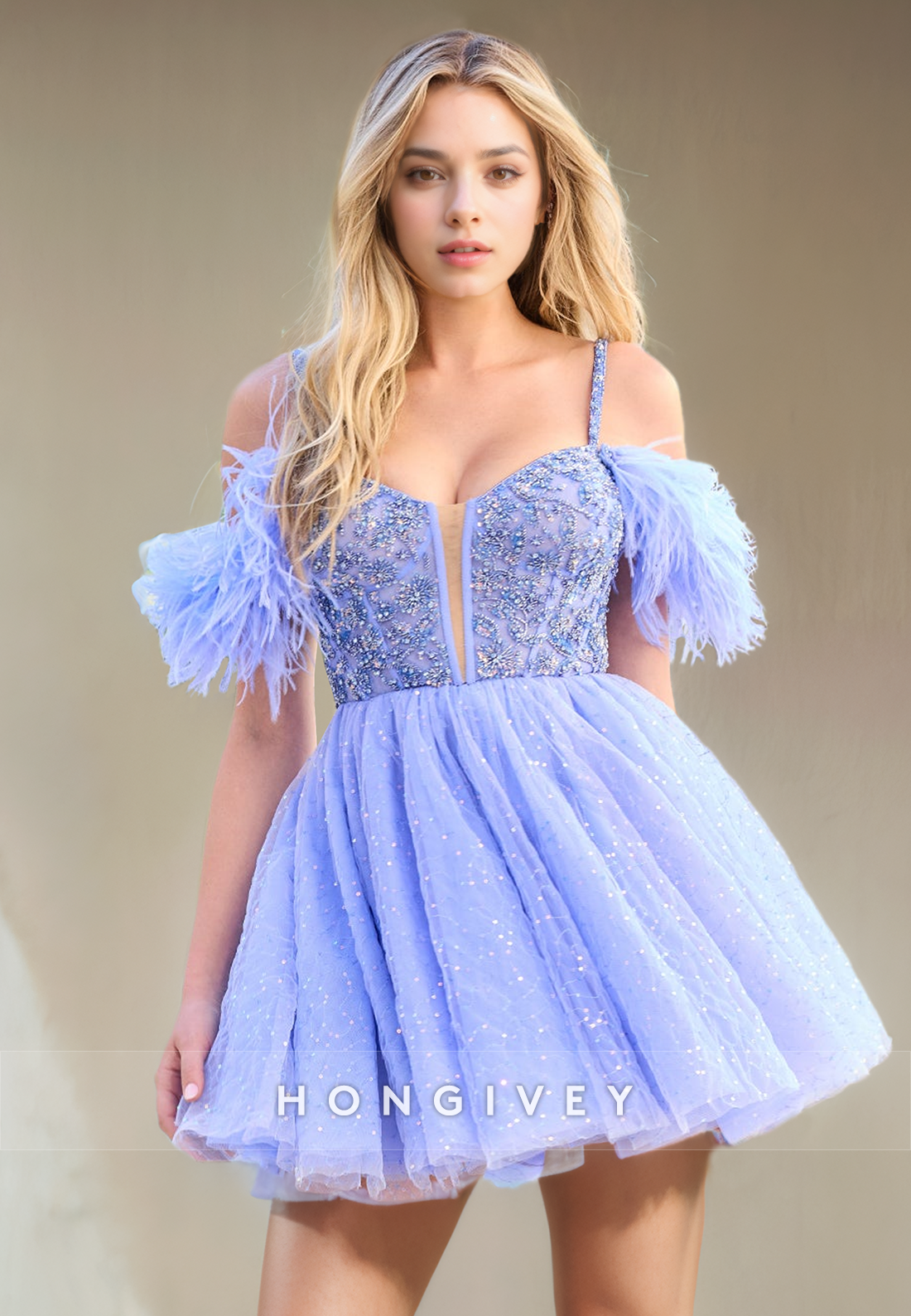 Tulle Aline Bateau Spaghetti Straps Appliques Feathers Short Party Homecoming Dress