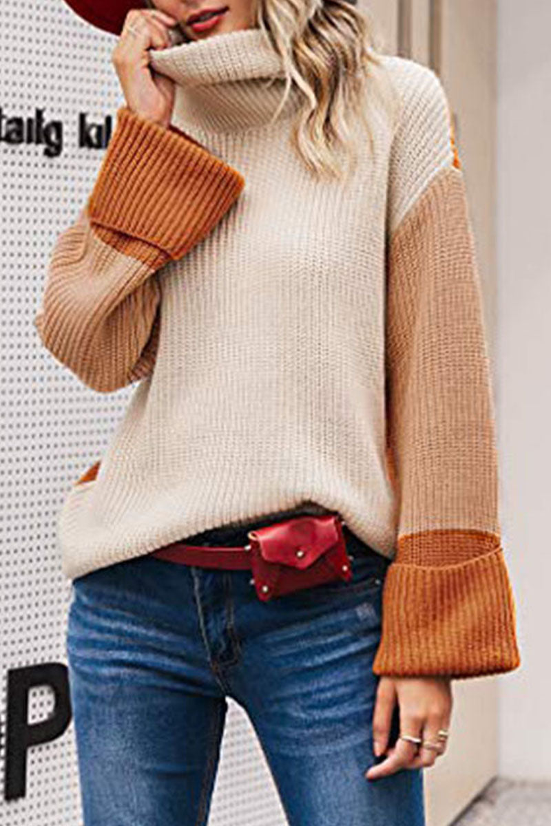 Turtleneck Patchwork Loose  Multicolor Sweater