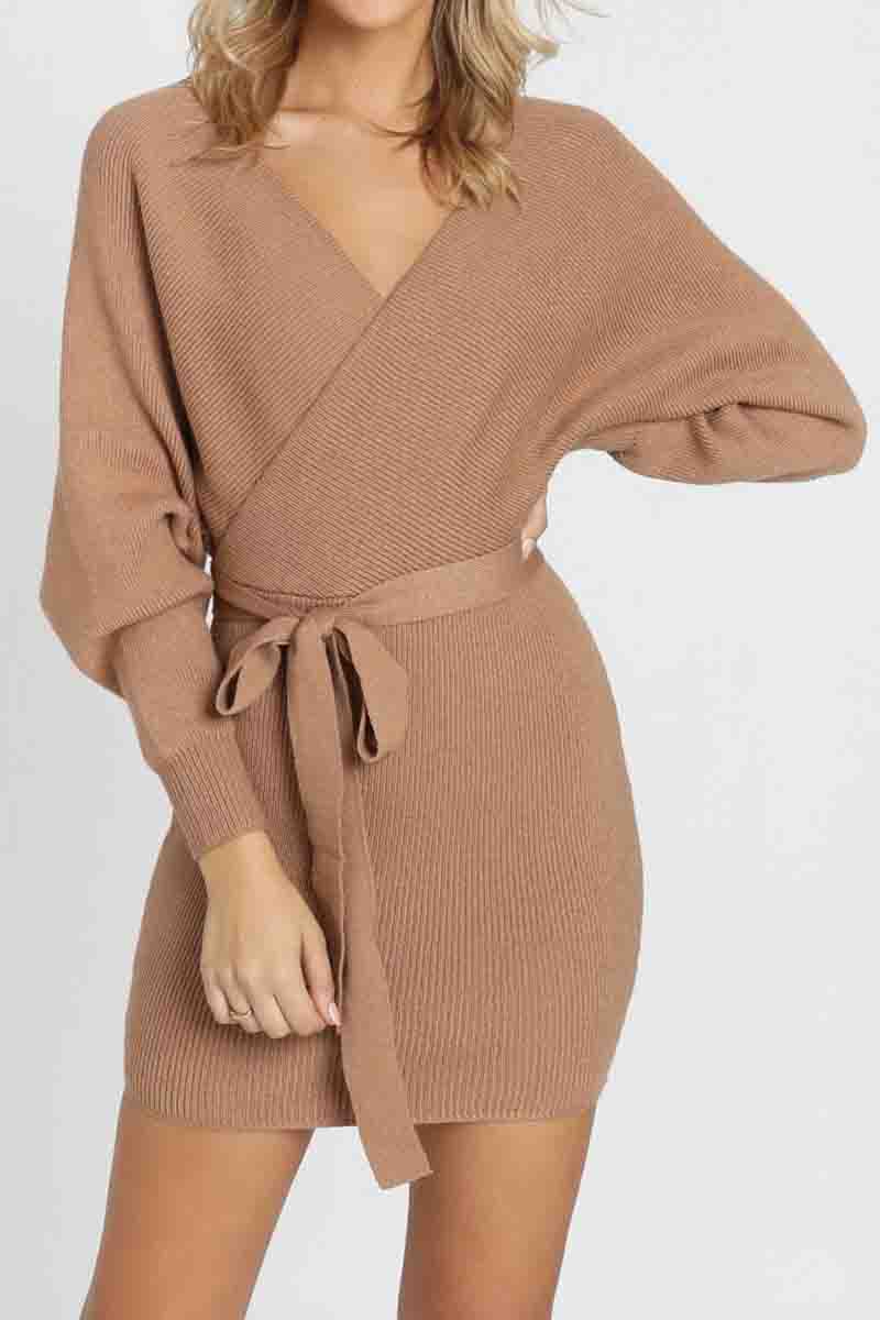 V Neck Knit Sweater Dress（3 Colors）