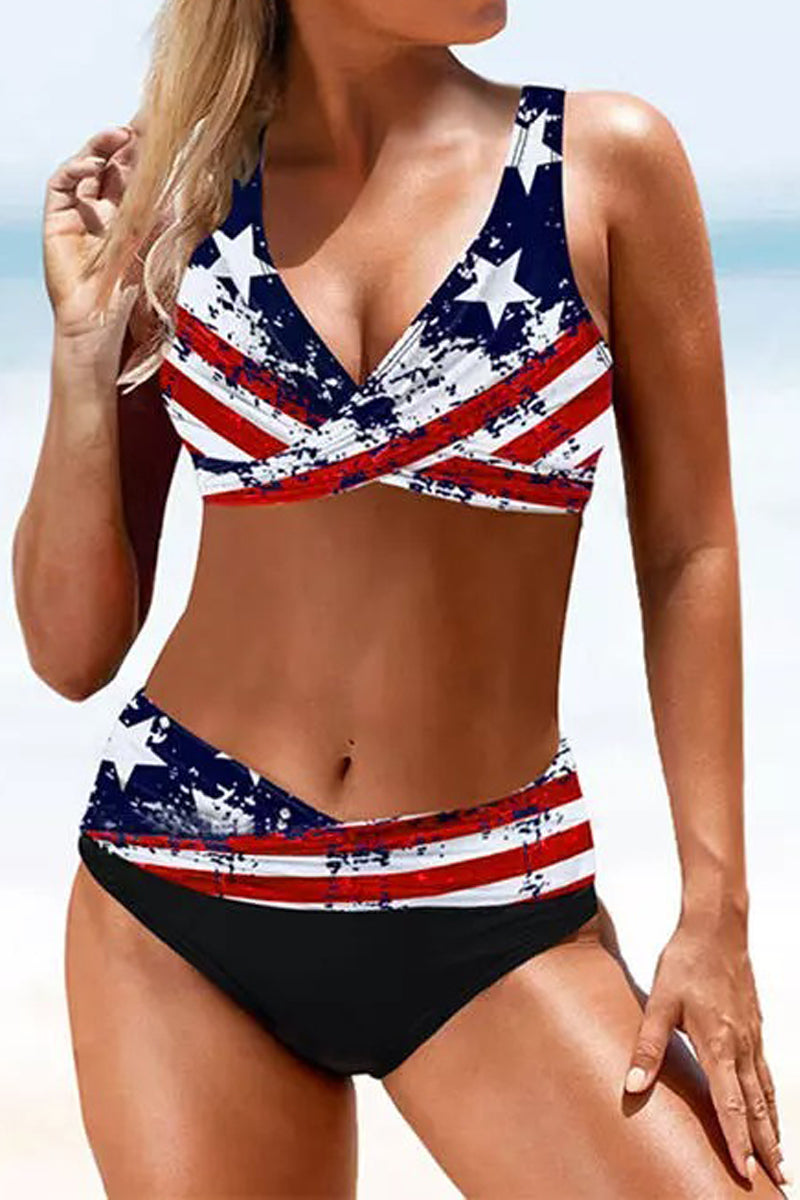 American Flag Star Lace Up Two Piece Swimsuit