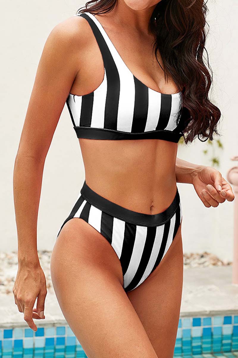 Athletic Striped Tank Sport High Waist Two Piece Swimsuit