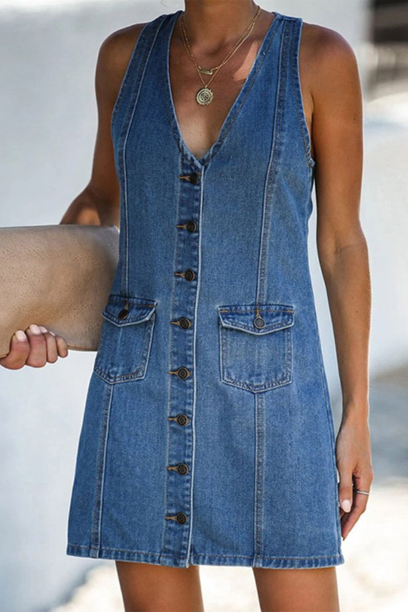 V-neck Open Back Denim Vest Mini Dress