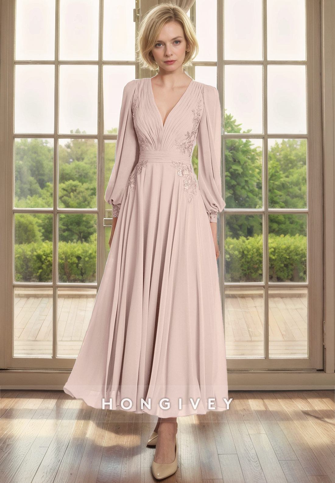 Aline Vneck Long Sleeve Appliques Chiffon Mother Of The Bride Dress