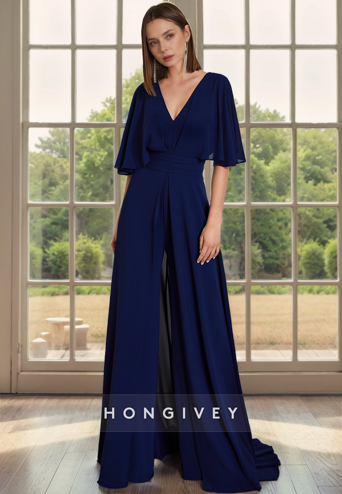 Aline Vneck Half Sleeves With Side Slit Mother Of The Bride Dress