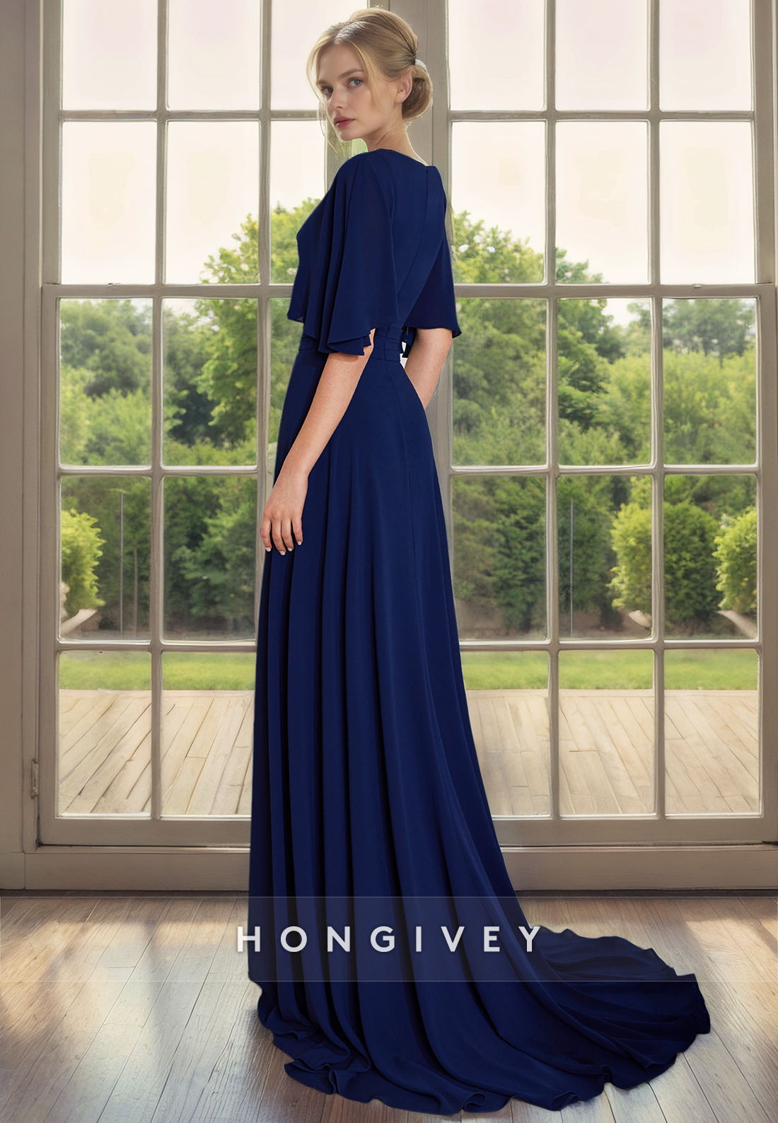 Aline Vneck Half Sleeves With Side Slit Mother Of The Bride Dress