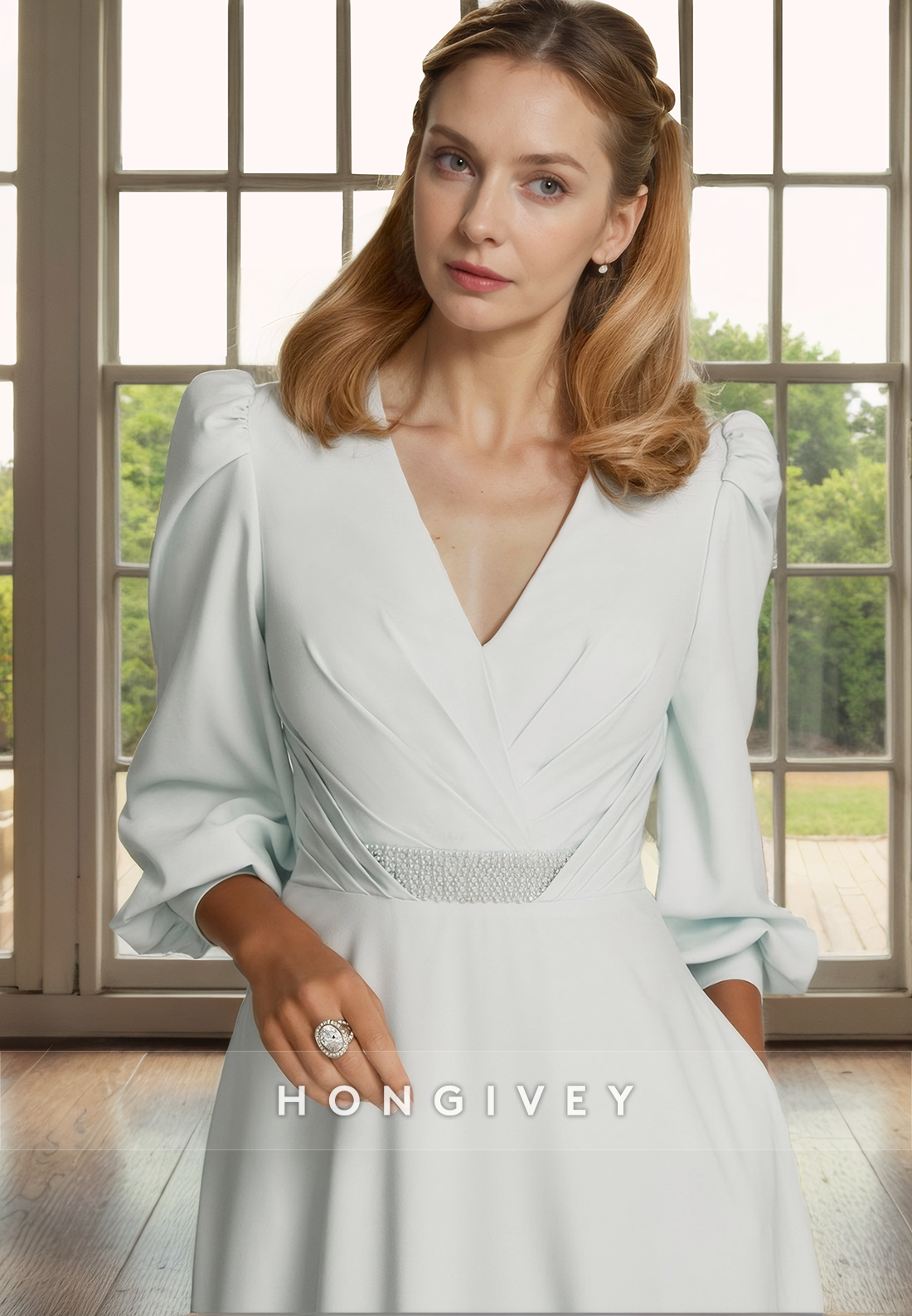 Aline Vneck / Sleeves Beaded Belt Mother Of The Bride Dress