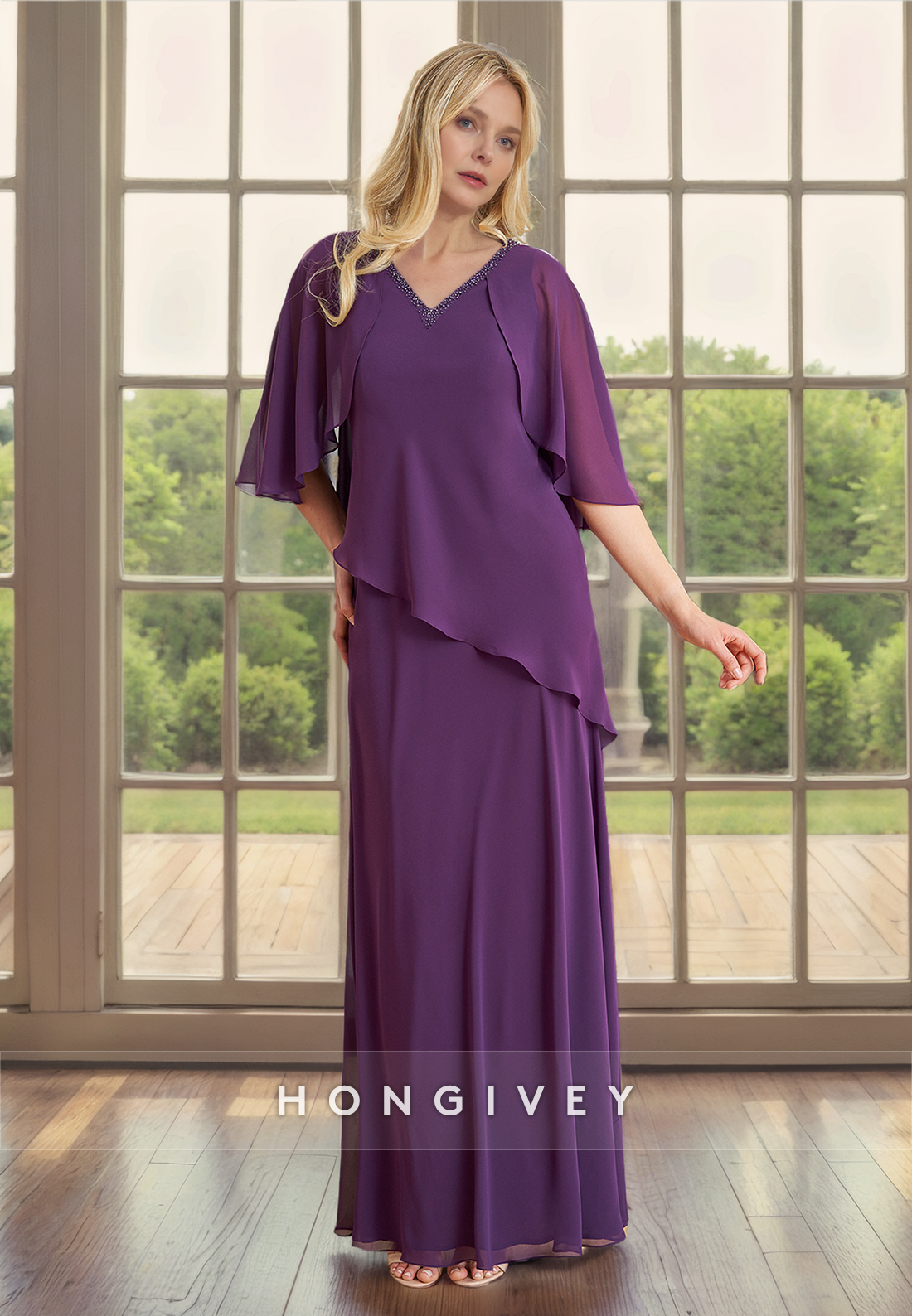 Vneck Fitted Half Sleeves Mother Of The Bride Dress