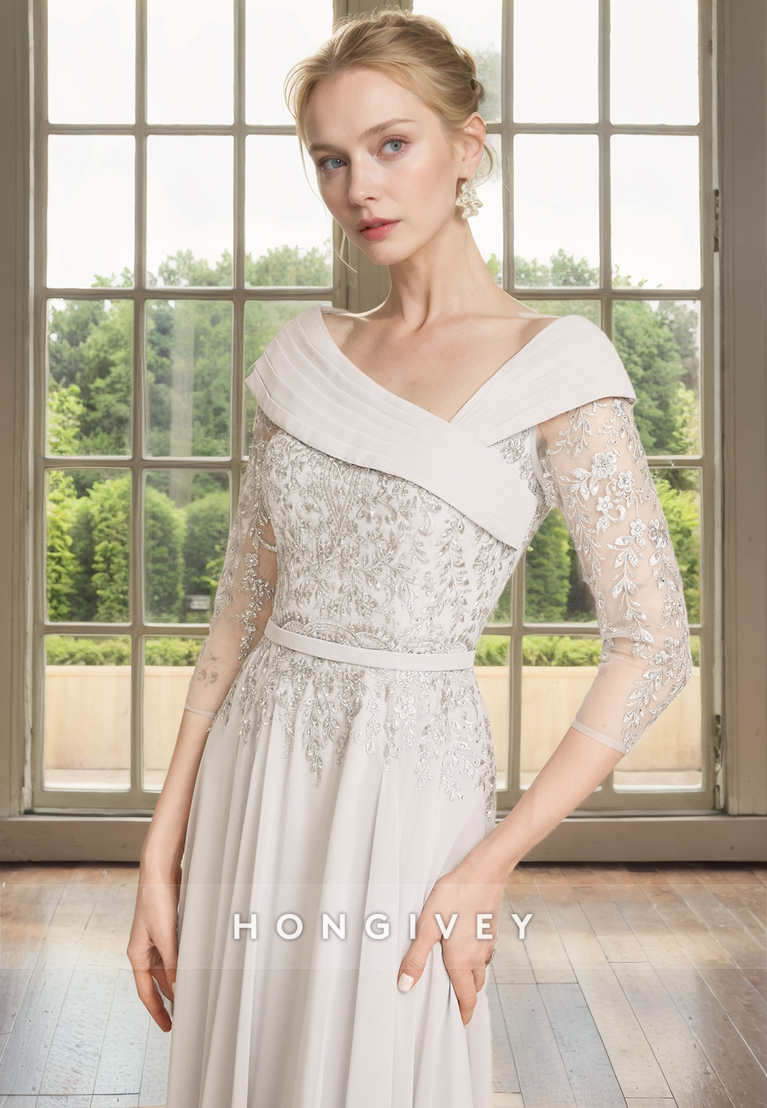 Asymmetrical / Sleeves Lace Applique Mother Of The Bride Dress