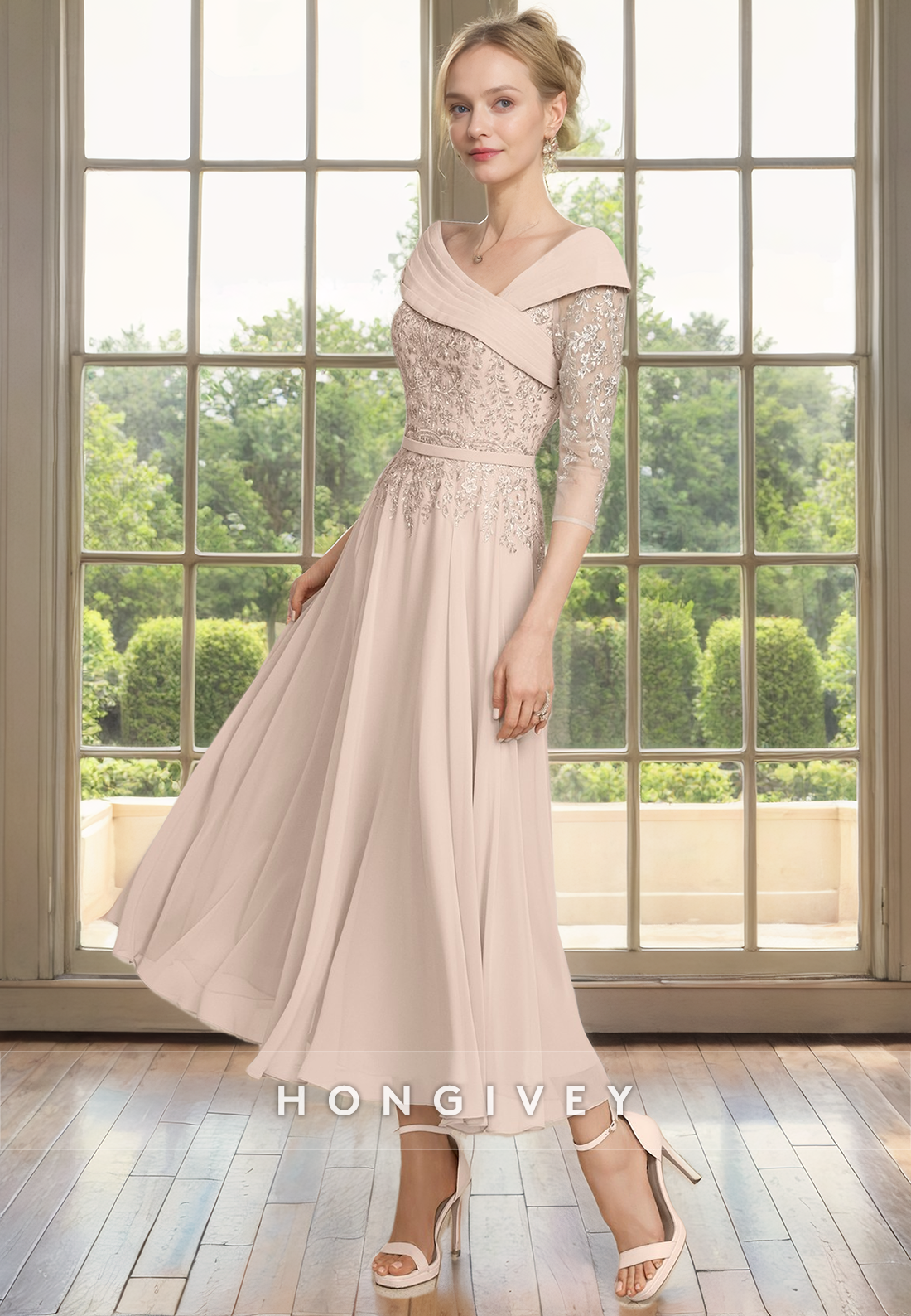 Asymmetrical / Sleeves Lace Applique Mother Of The Bride Dress