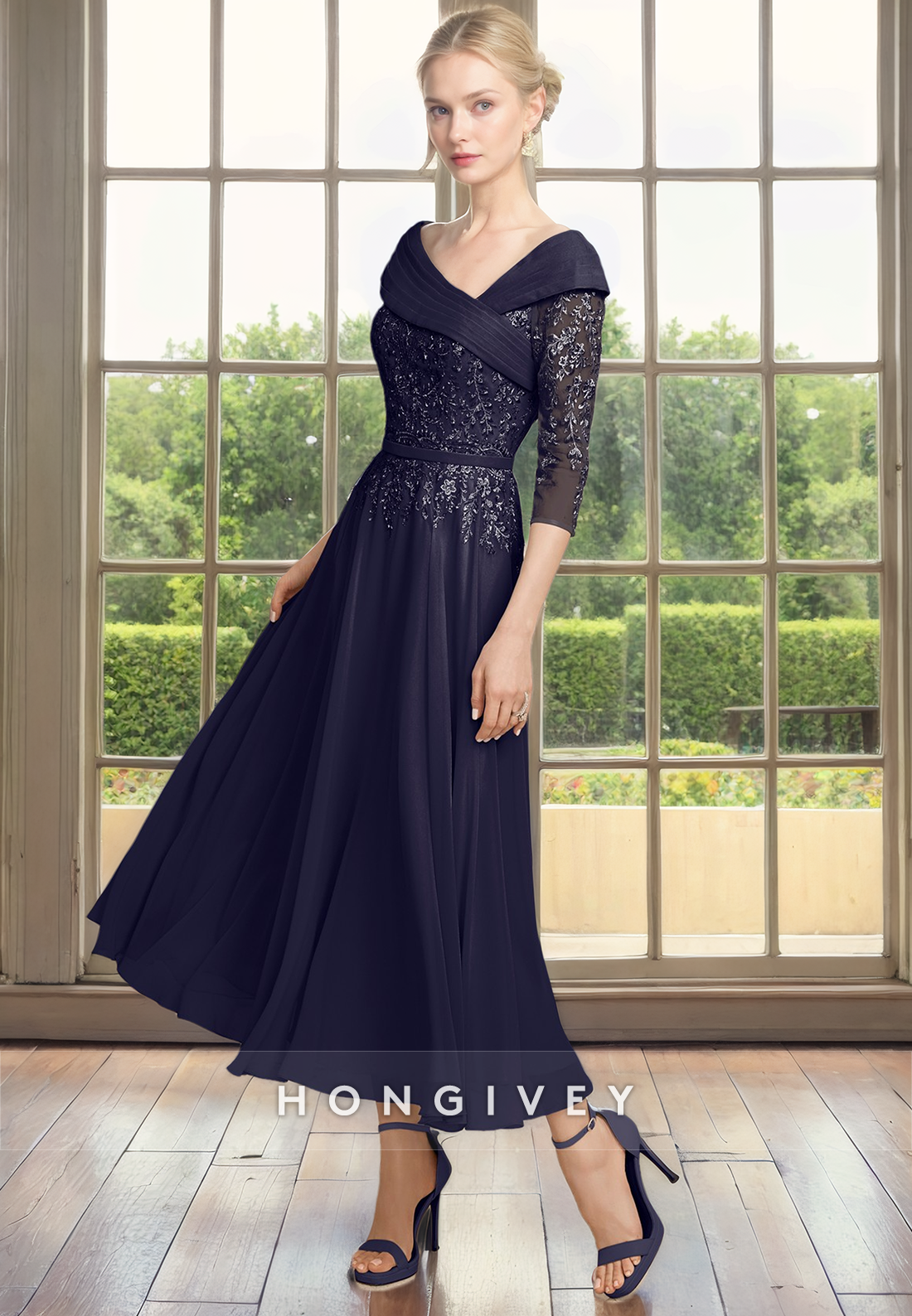 Asymmetrical / Sleeves Lace Applique Mother Of The Bride Dress