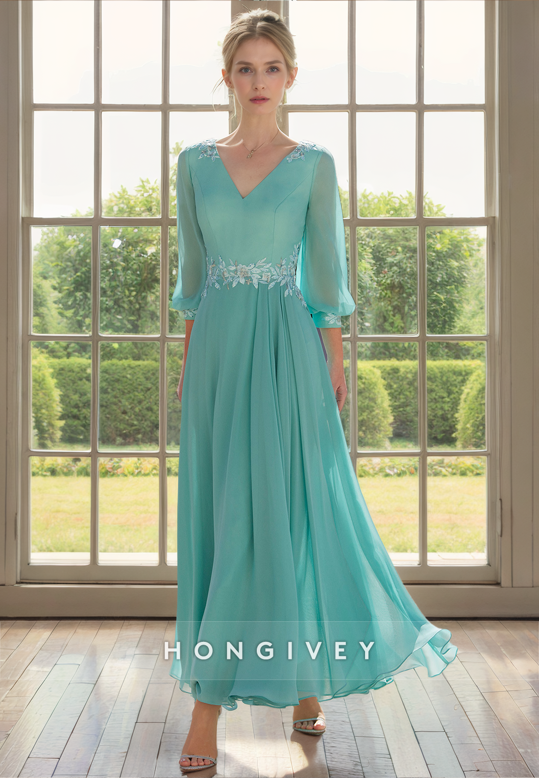 Aline Vneck / Sleeves Appliques Empire Chiffon Mother Of The Bride Dress